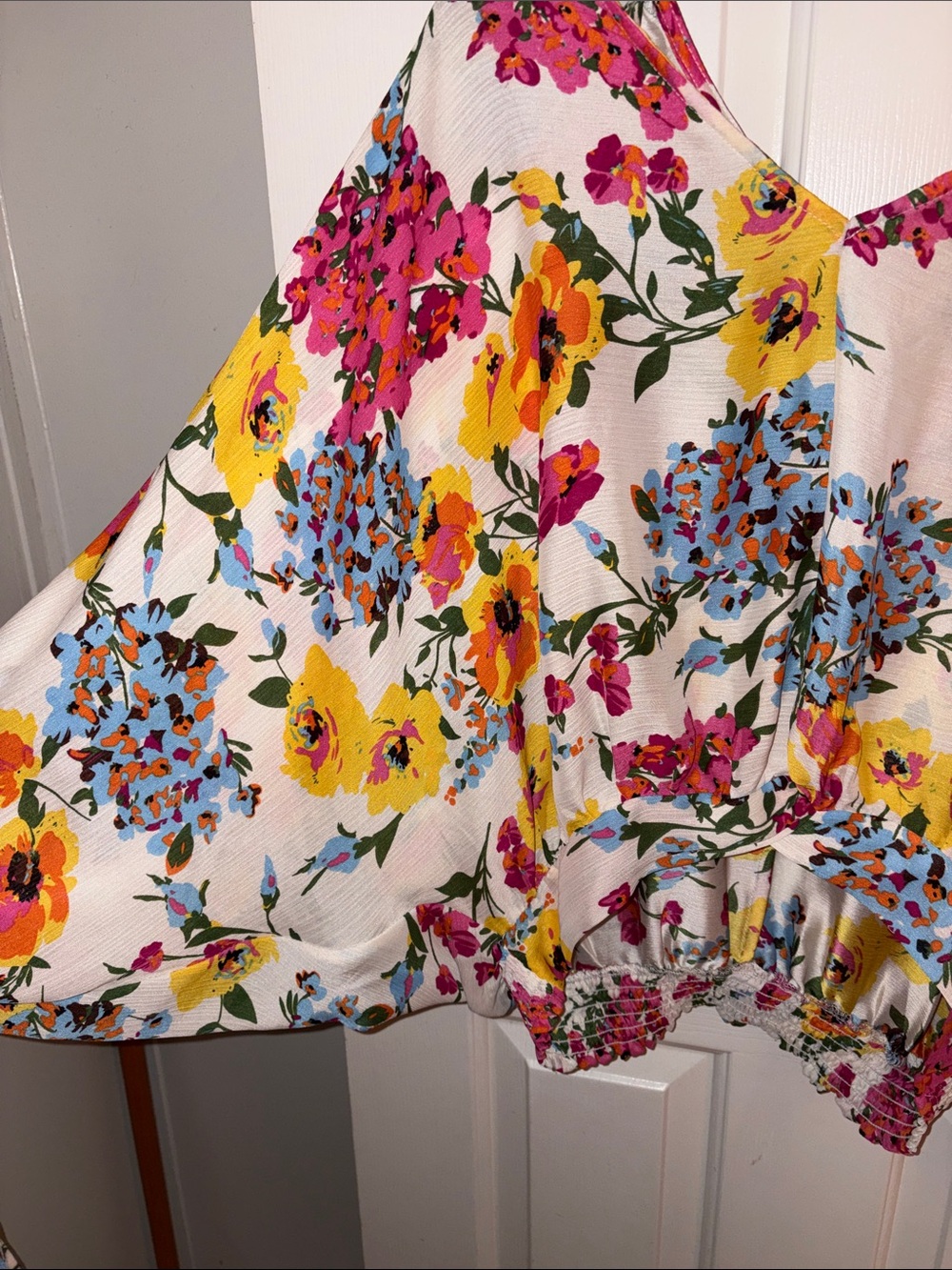 Umgee White V-Neck Floral Blouse with Yellow, Pink & Blue Blooms - Picture 3 of 6